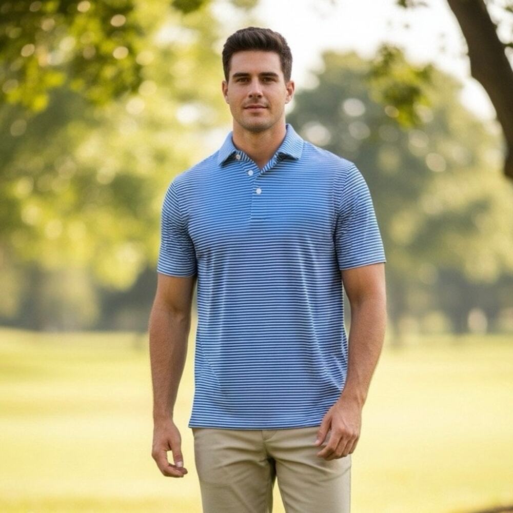 KJUS Golf UPF 30 Shirt Blue Men’s 52 L Soren Striped Short Sleeve Polo Collar